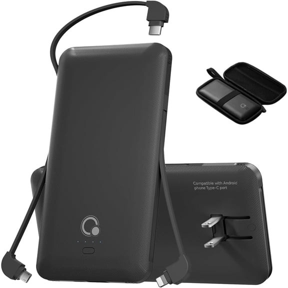 Portable Charger with Built-in Cables and AC Wall Plug,Slim USB C Power Bank 10000mAh,External Battery Pack Compatible with iPhone,,Tablet and All Smart Phones