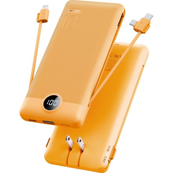 Portable Charger Built-in Cables and AC Wall Plug, USB C Power Bank 10000mAh, Travel Battery Phone Compact Lightweight External Pack for Smart Phones, Tablets etc-Orange