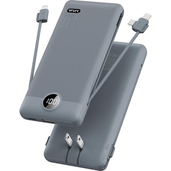 Portable Charger Built-in Cables and AC Wall Plug, USB C Power Bank 10000mAh, Travel Battery Portable Phone Charger Compact Lightweight External Battery Pack for Smart Phones, Tablets etc-Grey