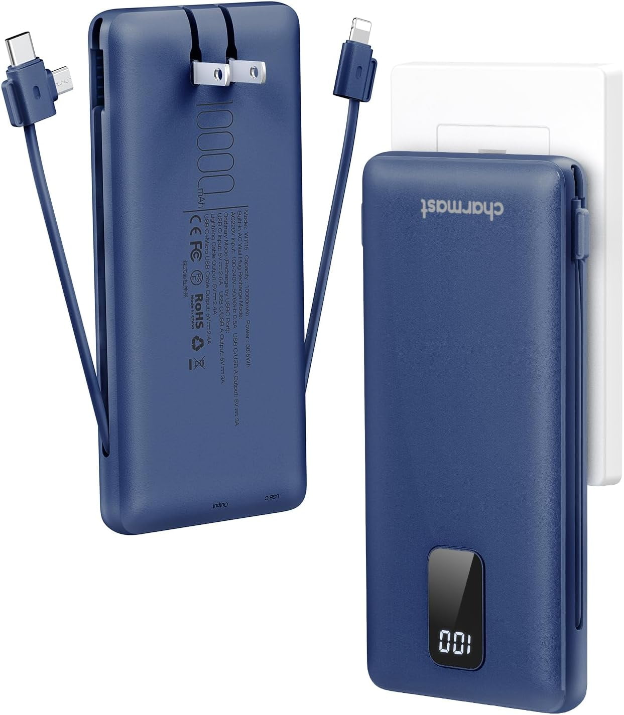 Portable Charger with Built-in Cables and Plug, 10000mAh USB C Power Bank Fast Charging, External Battery Pack Slim, Travel Essentials Compatible with iPhones, Samsung Galaxy, iPad