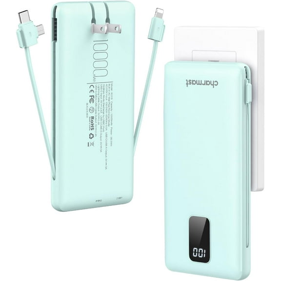 Portable Charger with Built-in Cables and Plug, 10000mAh USB C Power Bank Fast Charging, External Battery Pack Slim, Travel Essentials Compatible with iPhones, Samsung Galaxy, iPad