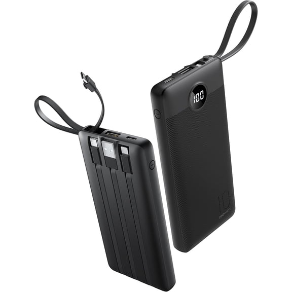 Portable Charger with Built-in Cables, Slim 10000mAh Power Bank with USB C, Travel Essentials External Battery Pack 5 Outputs 2 Inputs LED Display Compatible with iPhone/Android & More(Black)