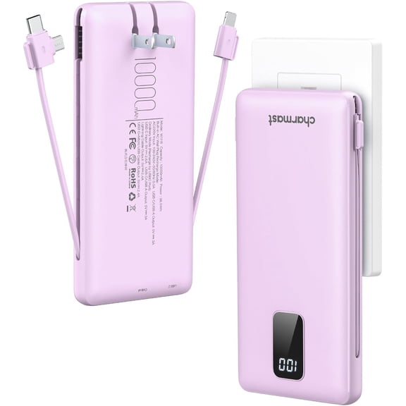 Portable Charger with Built-in Cables & W Plug, 10000mAh Power Bank, External Battery Pack Travel Essentials Compatible iPhone 16/15/14/13, , iPad etc