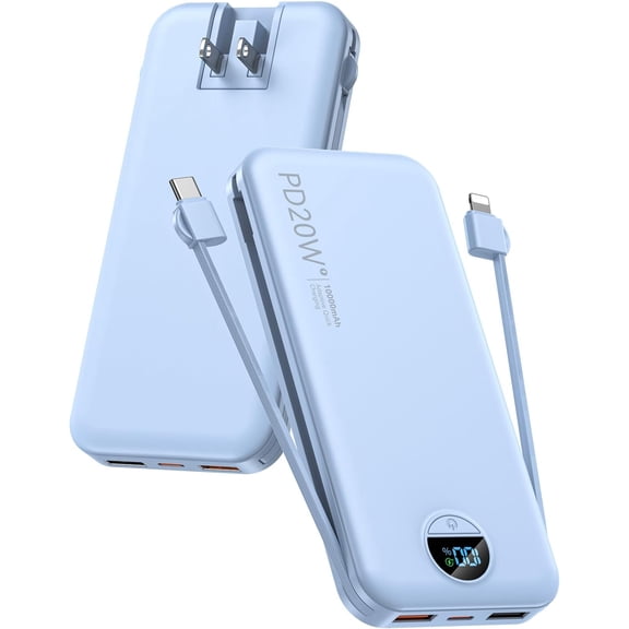 Portable Charger with Built-in Cables and Wall Plug, 10000mAh PD20W USB C Power Bank Fast Charging with LED Display, External Battery Pack Travel Essentials Compatible with iPhone, iPad, Samsung Blue