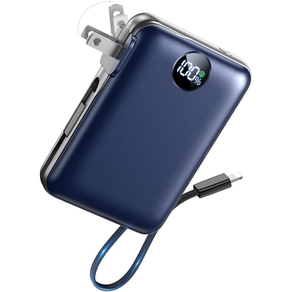 Portable Charger with Built-in Cables & Wall Plug, 10000mAh Power Bank, 4 Outputs 22.5W USB C Fast Charging, Mini Travel Essentials Battery Pack with LED Display for iPhone/iPad/Samsung etc DarkBlue