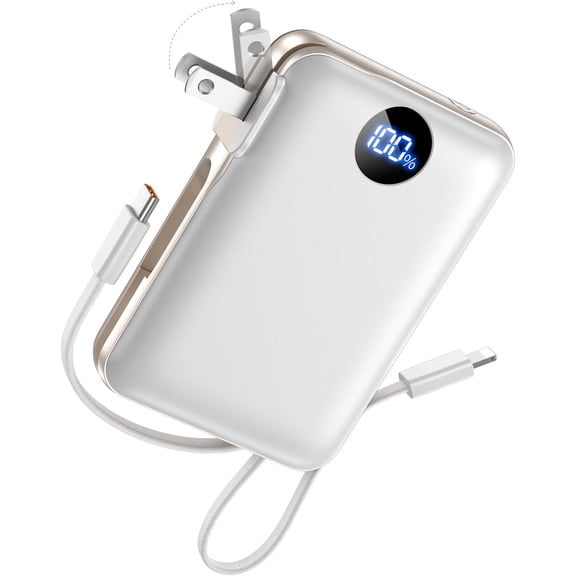Portable Charger with Built-in Cables & Wall Plug, 10000mAh Power Bank, 4 Outputs 22.5W USB C Fast Charging, Mini Travel Essentials Battery Pack with LED Display for iPhone/iPad/Samsung etc Black