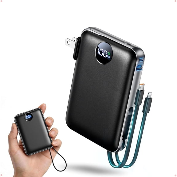 Portable Charger with Built-in Cables & Wall Plug, 10000mAh Power Bank, 4 Outputs 22.5W USB C Fast Charging, Mini Travel Essentials Battery Pack LED Display for iPhone/iPad/Samsung etc Black