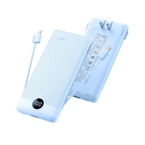 Portable Charger Built-in Cables and Wall Plug, 10000mAh Slim USB C Power Bank, LED Display External Battery Pack Compatible with iPhone/Android & More (Blue)