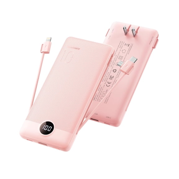 Portable Charger Built-in Cables and Wall Plug, 10000mAh Slim USB C Power Bank, LED Display External Battery Pack Compatible with iPhone/Android & More (Pink)