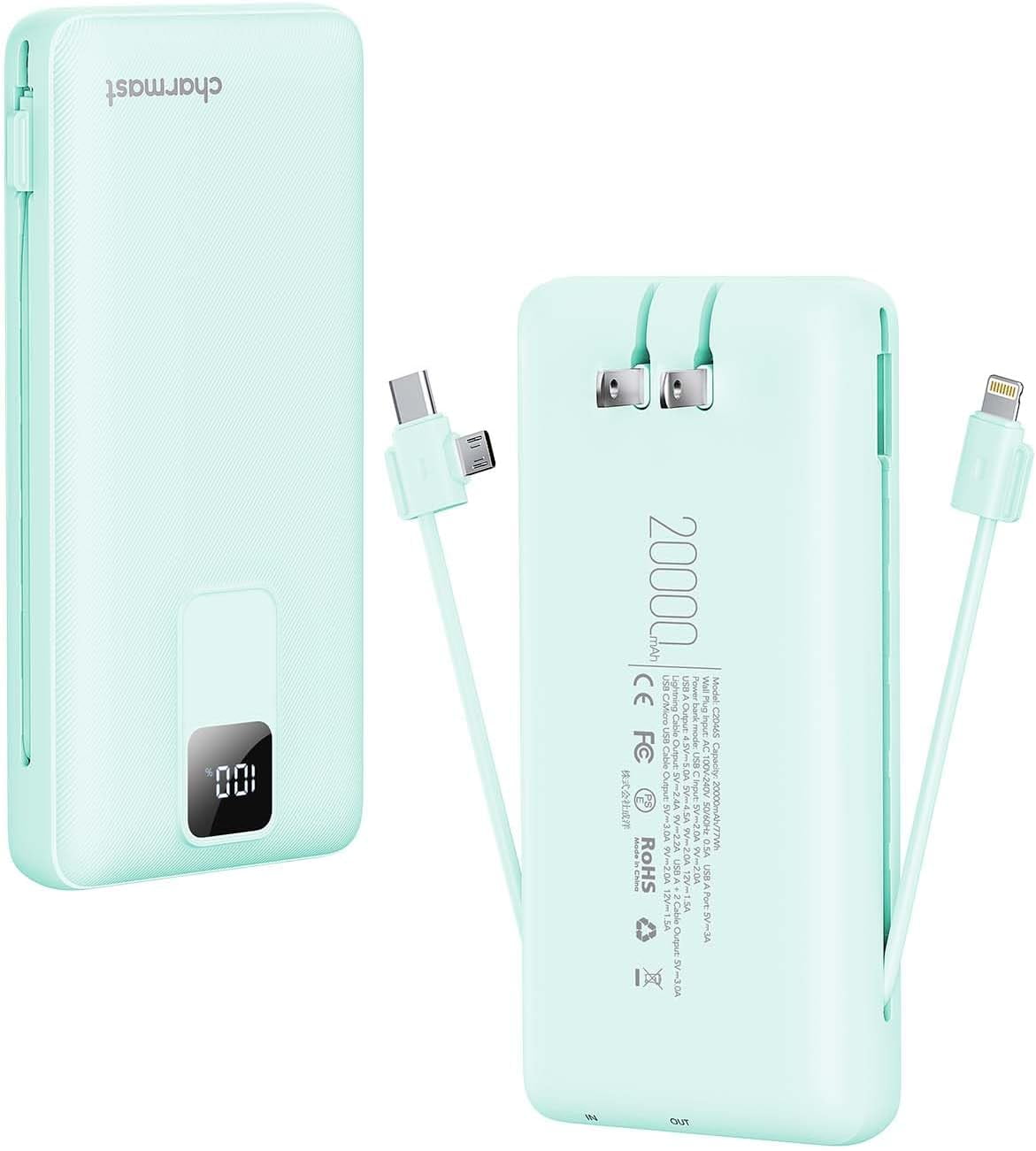 Portable Charger with Built-in Cables and Wall Plug, 20000mAh 20W USB C Power Bank Fast Charging Battery Pack Compatible with iPhone iPhone 16/15/14/13 Series, Samsung Google iPad etc