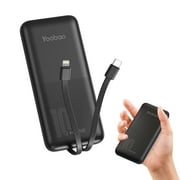 Portable Charger with Built-in Cables, Yoobao 10000mAh Ultra Slim USB C Power Bank with 4 Outputs, PD 20W Fast Charging External Battery Pack for iPhone/iPad/Samsung/Tablet & More - Black