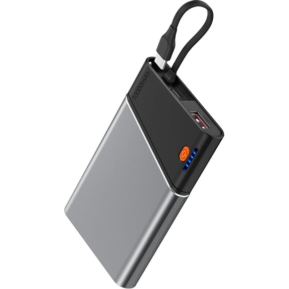 Portable Charger Power Bank, 10000mAh 22.5W PD Fast Charging Powerbank with Built-in USB C Cable, Slim External Phone Battery Pack for iPhone 17/16/15 S24 Android etc (Grey)
