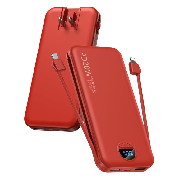 Portable Charger Power Bank, 10000mAh PD20W USB C Fast Charging with Built-in Cables & Wall Plug, 5-in-1 Battery Pack with LED Display, Ultimate Travel Essential for iPhone, iPad, Samsung Red