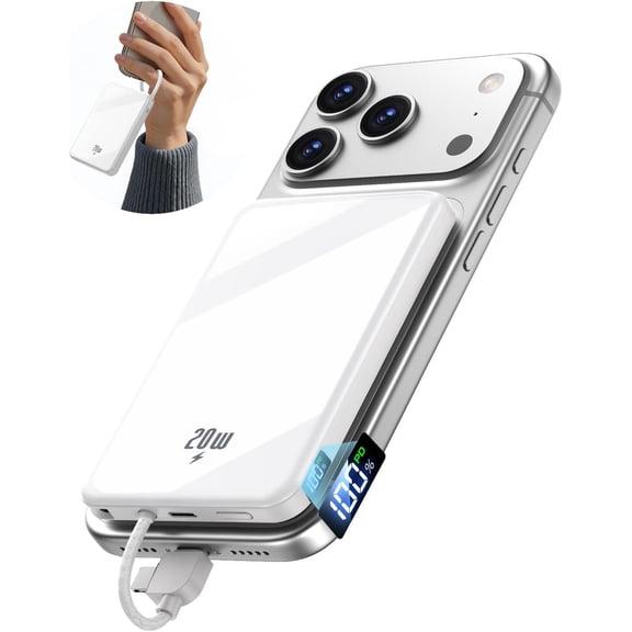 Portable Charger Power Bank, 10000mAh Phone Charger with Built-in Cable, 20W PD Fast Charging, Slim Battery Pack with LED Display, Travel Essential for iPhone 17/16/15/14 All Series, White