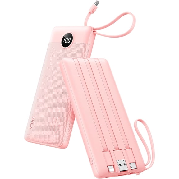 Portable Charger Power Bank, 10000mAh Travel Essentials Battery Pack, 5 Outputs 2 Inputs Slim Charging Bank Built-in Cables Cords Wires Compatible with iPhone,Samsung,Android-Pink(1 Pack)