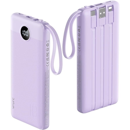 Portable Charger Power Bank, 10000mAh Travel Essentials Battery Pack, 5 Outputs 2 Inputs Slim Charging Bank Built-in Cables Cords for iPhone 17 16 15 14 13,Samsung,Android-Lavender(1 Pack)