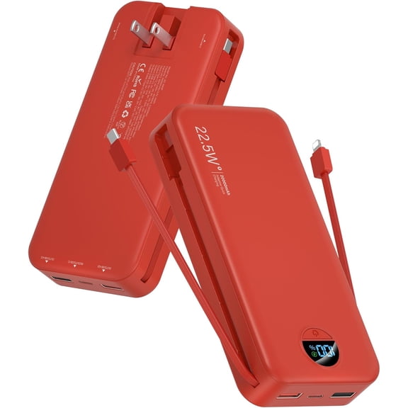 Portable Charger Power Bank, 20000mAh 22.5W USB C Fast Charging with Built-in Cable & Wall Plug, External Battery Pack with LED Display, Travel Essential for iPhone, iPad, Red