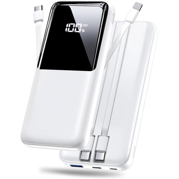 Portable Charger Power Bank, 20000mAh Fast Charging Portable Battery Pack with Built in USB-C(22.5W) and iOS(20W) Output Cables Compatible for iPhone Android Samsung Phone, White