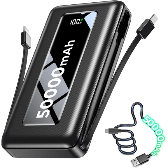 Portable Charger Power Bank 50000mAh, Massive Capacity Travel Essential, Built-in USB-C & iOS Cables, AC Wall Plug, 22.5W Fast Charging Battery Pack with LED Display for Camping, iPhone, Samsung