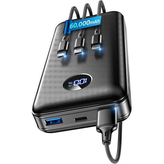 Portable Charger Power Bank - 60,000mAh Battery Pack, 22.5W Fast Charging Phone Attached USB-C/iOS/Micro-USB Cable, Powerbank for iPhone 17 16 15 14 13 , Travel Camping Essentials