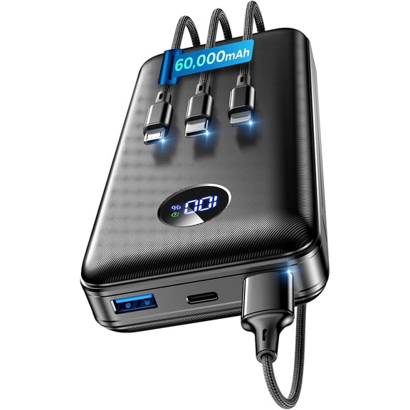 Portable Charger Power Bank - 60,000mAh Battery Pack, 22.5W Fast Charging Phone Attached USB-C/iOS/Micro-USB Cable, Powerbank for iPhone 17 16 15 14 13 , Travel Camping Essentials