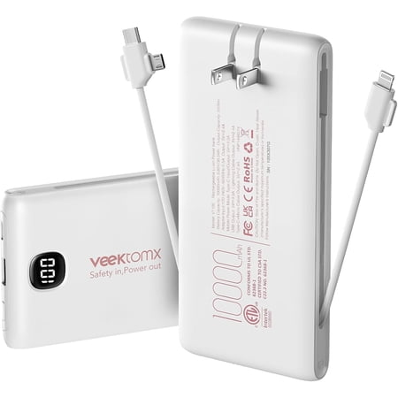 Portable Charger Power Bank Built in Cables and Wall Plug 10000mAh iPhone Battery Pack Fast Charging USB C External Slim Bank Travel Essentials Compatible with 17 16 15 14 iPad White