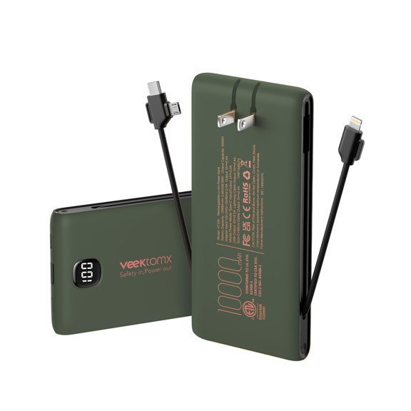 Portable Charger Power Bank Built in Cables and Wall Plug, 10000mAh iPhone Battery Pack Fast Charging, USB C External Slim Power Bank, Travel Essentials Compatible with iPhone 17 16 15 14 iPad, Green