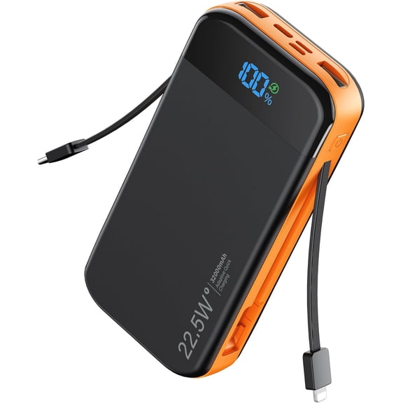 Portable Charger Power Bank Built-in Cables, 32000mAh 22.5W USB C Fast Charging, 5 Outputs 3 Inputs Travel Essentials Battery Pack Compatible with iPhone, iPad, Samsung, Google Pixel, Orange