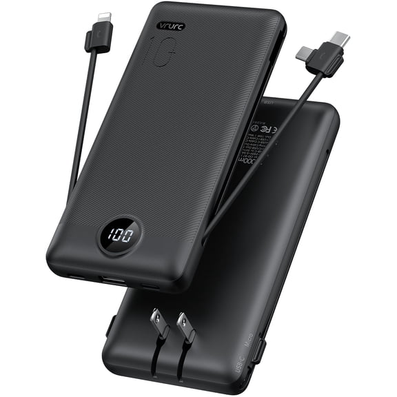 Portable Charger,Power Bank Built-in Cables and AC Wall Plug,VRURC USB C Portable Bank 10000mAh,Travel Essentials Phone Charger Compact Lightweight External Battery Pack for Smart Phones,Tablets-Blac