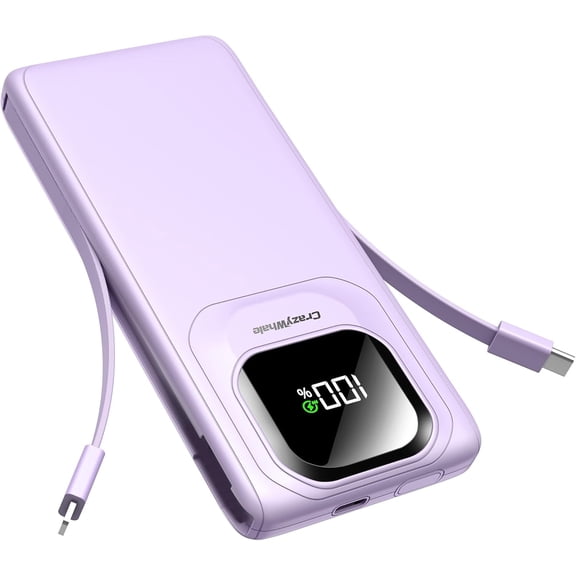 Portable Charger Power Bank with Built-in Type C Cables, 22.5W Fast Charging 10000mAh Phone Charger, Travel Battery Pack Slim LED Display for iPhone, Android & USB-C (Purple)