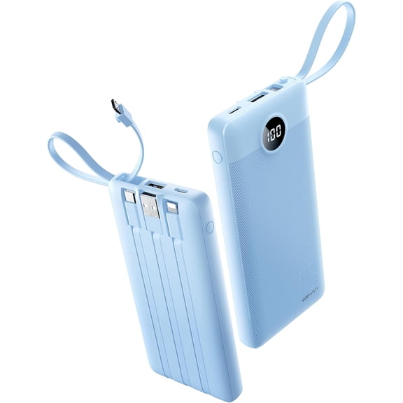 MEC 10000mAh Portable Charger, Slim Power Bank with Built-in Cables, Battery Pack 5 Outputs 2 Inputs LED Display Compatible with iPhone/Android & More (Blue)