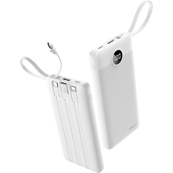 Portable Charger Slim 10000mAh Power Bank with Built-in Cables, 5 Outputs 2 Inputs LED Display Travel Essentials External Battery Pack Compatible with iPhone/Android & More (White)