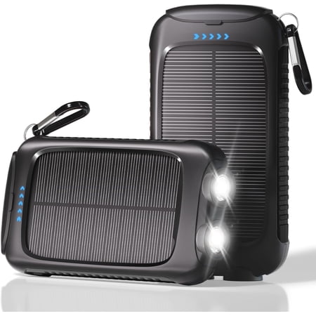 Portable Charger Solar Power Bank 8000mAh with USB-A and USB-C 5V/3A Output Port Black Battery Pack Compatible iPhone, Samsung, Waterproof Emergency LED Flashlights Perfect for Camping, Hiking