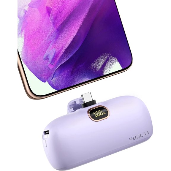 Portable Charger USB C with Built-in USB-C Plug, 5000mAh PD20W Fast Charging Power Bank, LCD Digital Display Battery Pack for iPhone 15/16, S22/S23 & Android (Purple)