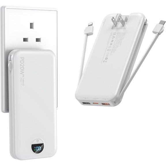 Portable Charger with Wall Plug, 10000mAh USB C Power Bank Fast Charging, External Battery Pack with Built in Cables, Digital Display, 5 Output 4 Input for iPhone Android Cell Phone Tablet