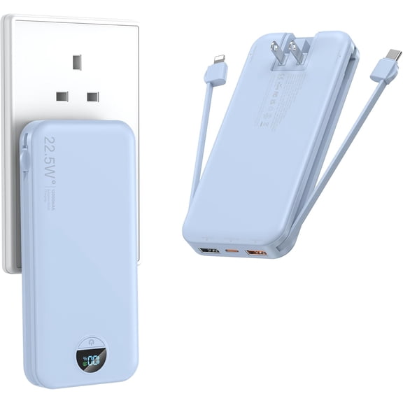 Portable Charger with Wall Plug, 12000mAh USB C Power Bank Fast Charging, External Battery Pack Built in Cables, Digital Display, 5 Output 4 Input for iPhone Android Cell Phone Tablet