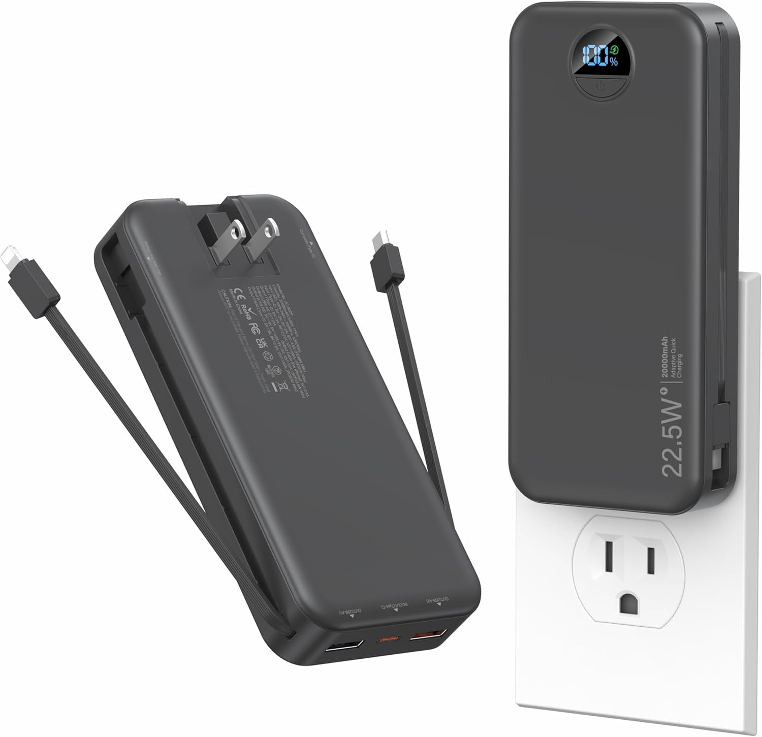 Portable Charger with Wall Plug, 20000mAh USB C Fast Charging , External Battery Pack with Built in Cables, Digital Display, 5 Output 2 Input for iPhone Android Cell Phone Tablet