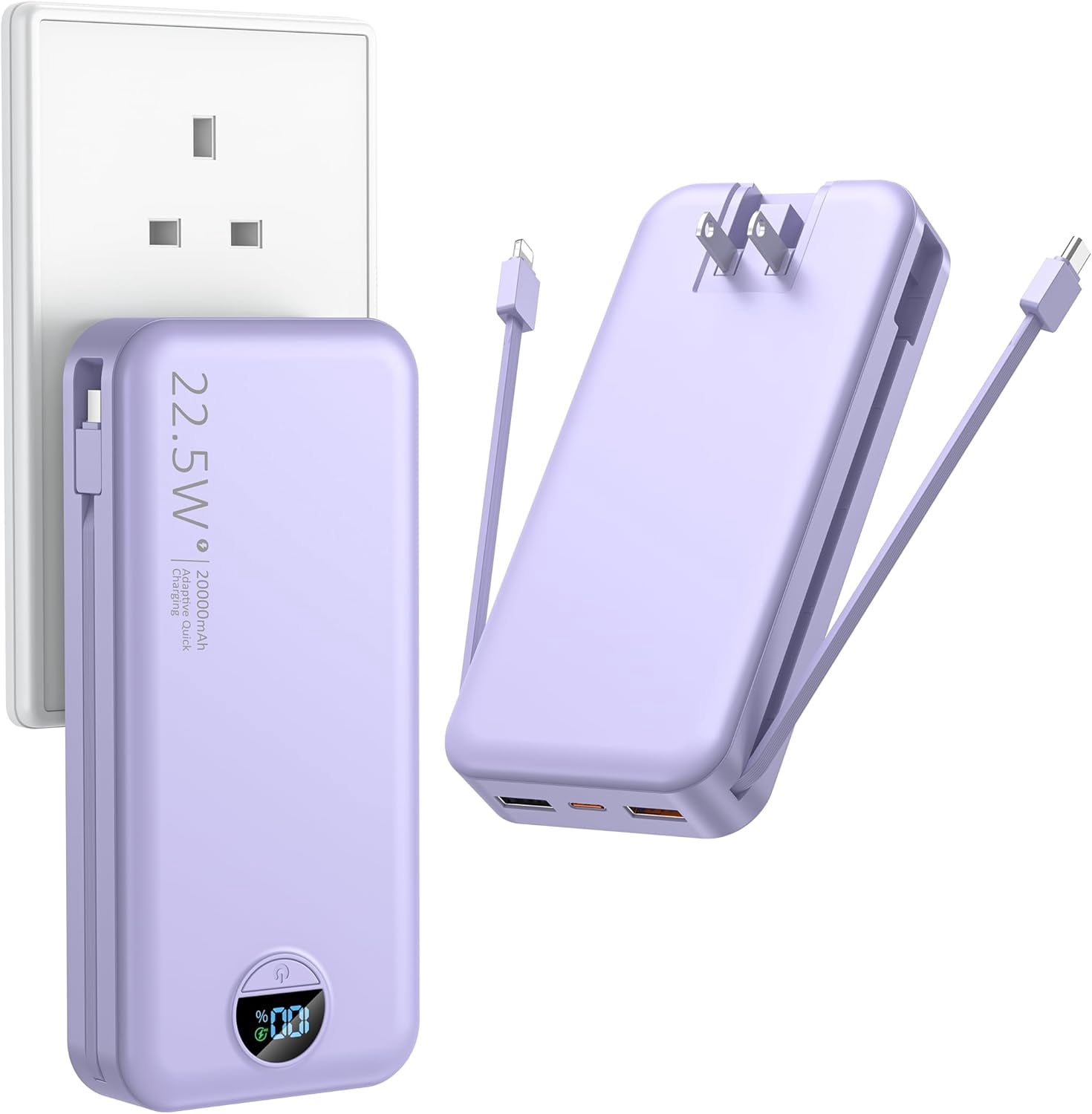 Portable Charger with Wall Plug, 20000mAh USB C Fast Charging, External Battery Pack with Built in Cables, Digital Display, 5 Output 2 Input for iPhone Android Cell Phone Tablet