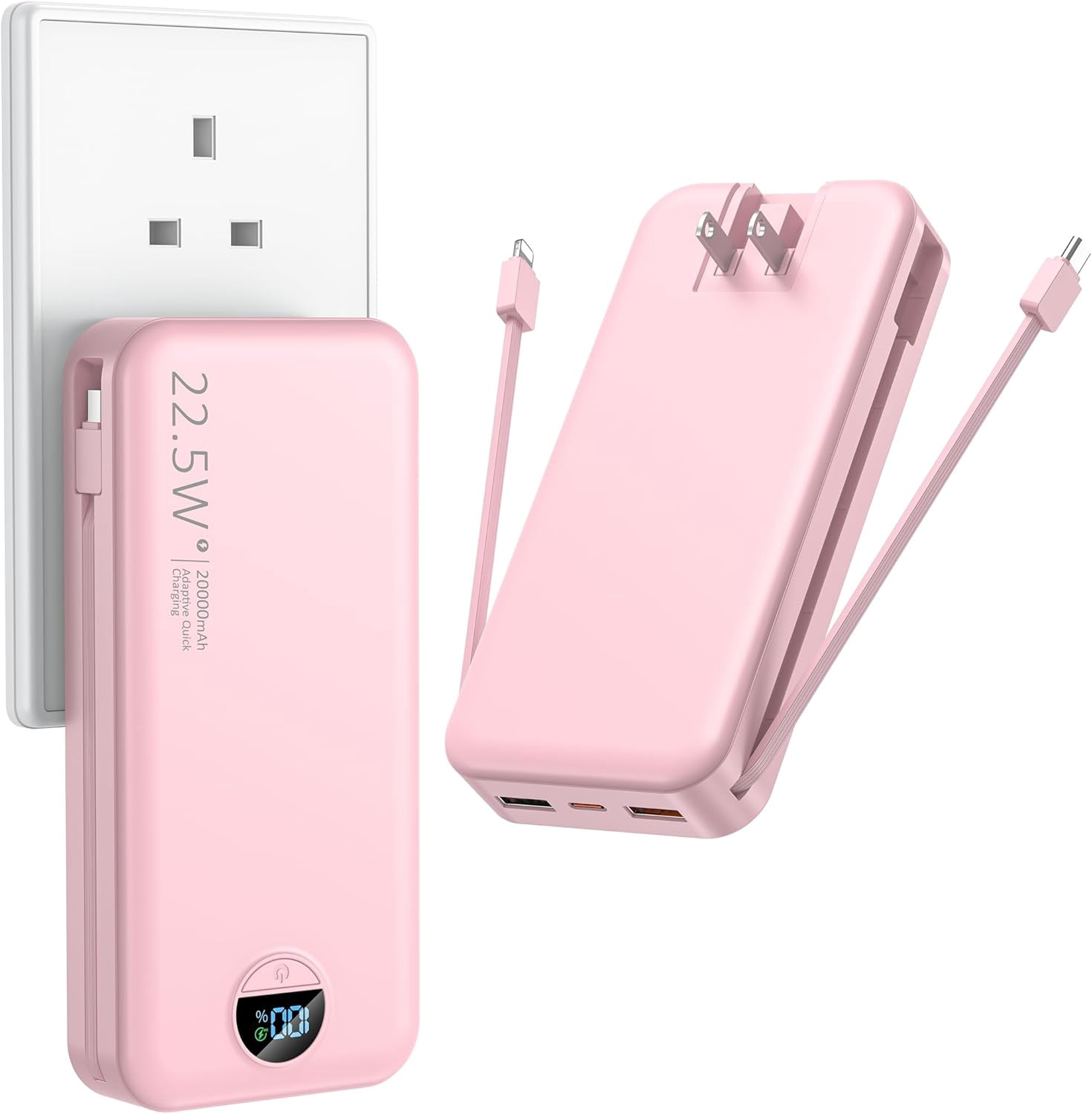 Portable Charger with Wall Plug, 20000mAh USB C Fast Charging, External Battery Pack with Built in Cables, Digital Display, 5 Output 2 Input for iPhone Android Cell Phone Tablet