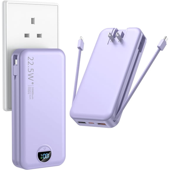 Portable Charger with Wall Plug, 20000mAh USB C Power Bank Fast Charging, External Battery Pack with Built in Cables, Digital Display, 5 Output 2 Input for iPhone Android Cell Phone Tablet