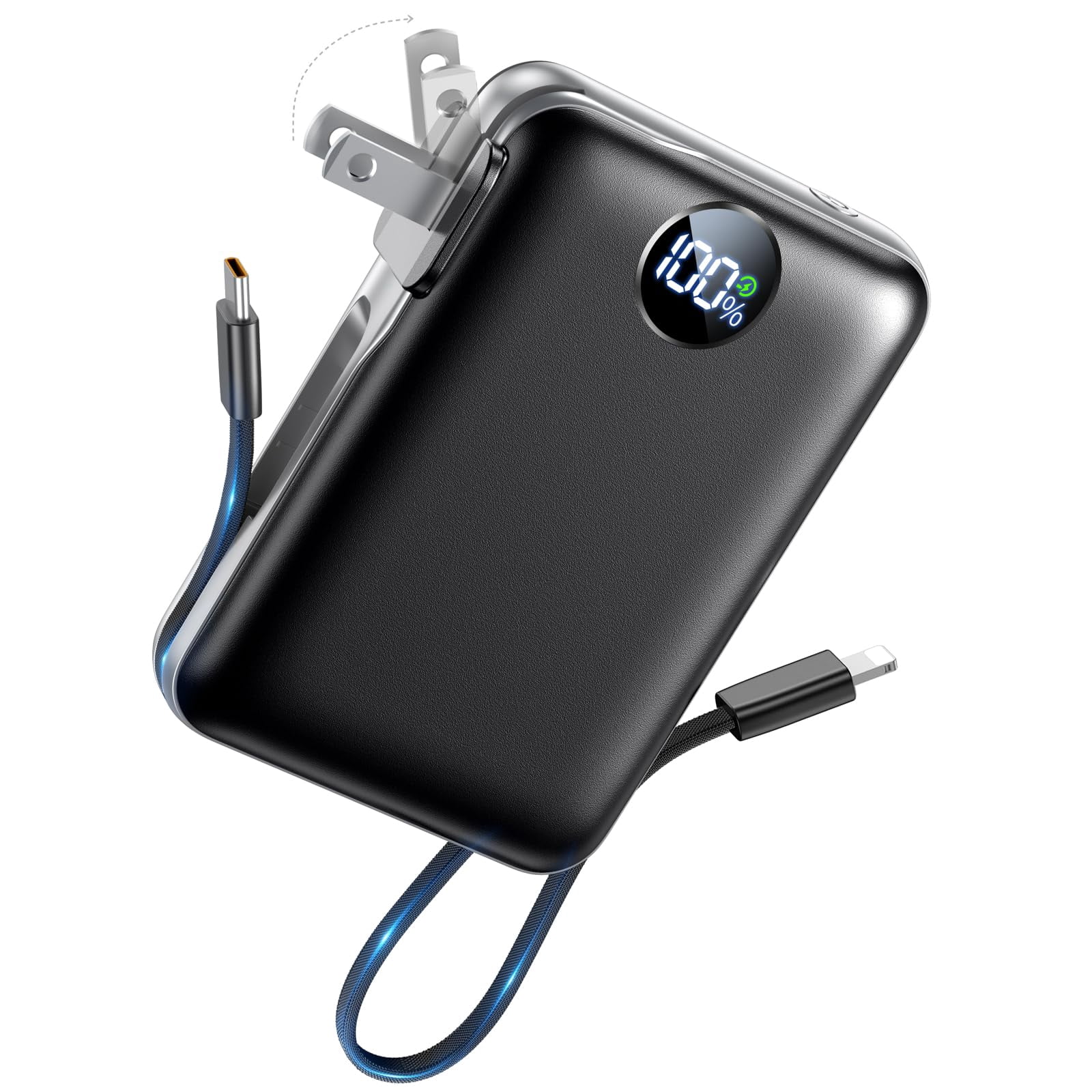 Portable Charger with Wall Plug,Power Bank 10000mAh 22.5W Fast Charging, 4 Outputs Slim Battery Pack with LED Display, Built in Cables All in One Travel Charger for iPhone 17/16/15/14 ,Classic Black