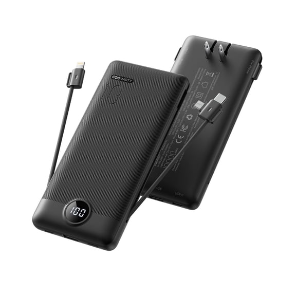 Portable Charger with Wall Plug, Slim USB C Power Bank with Built-in Cables, 10000mah LED Display External Battery Pack Compatible with iPhone/Android & More (Black)