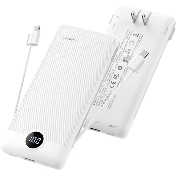 Portable Charger with Wall Plug, Slim USB C Power Bank with Built-in Cables, 10000mah LED Display External Battery Pack Compatible with iPhone/Android & More(White)