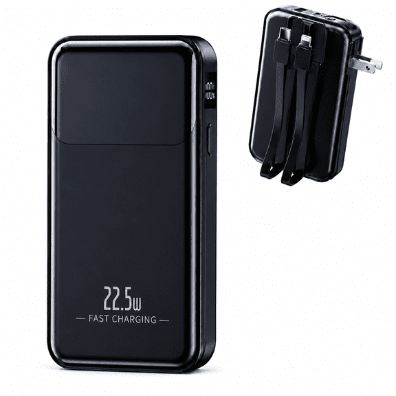 Power Bank for iPhone, Portable Charger Built in Cables & AC Plug | 10000mAh, 22.5W Fast Charging, Travel Essentials Battery Pack for iPhone, iPad & Samsung Galaxy, Black