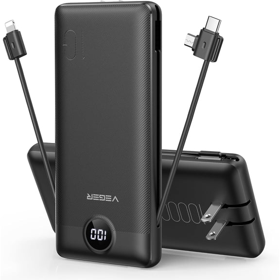 Portable Charger for iPhone Built in Cables and Wall Plug, 10000mah Slim Fast Charging USB C Power Bank, Travel Essential Battery Pack Compatible with iPhones, iPad, Samsung More Devices(Black)