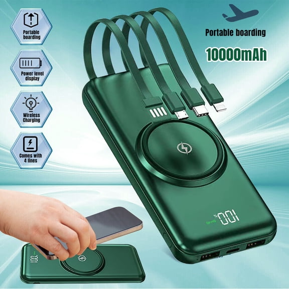 Portable Charger with Built-in Cable, Magnetic 10000mAh Power Bank 4 Outputs 2 Inputs for iPhone Samsung Pixel LG Moto iPad