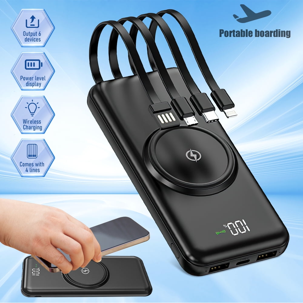 Portable Charger with Built-in Cable, Magnetic 10000mAh Power Bank 4 Outputs 2 Inputs for iPhone Samsung Pixel LG Moto iPad