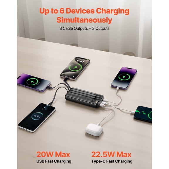 Portable Charger,with Built-in Cables,10000 mAh Travel Battery Pack,6 Outputs 3 Inputs Fast Charging Power Bank with USB Type-C Micro-B Input,Smart LED Display,for iPhone,Samsung,Android