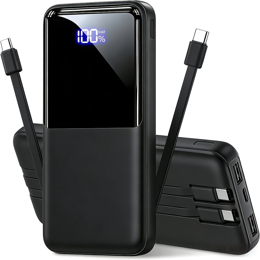 Portable Charger with Built-in Cables | Slim 10000mAh Travel Battery Pack, USB Type-C, 22.5W Fast Charging, Lithium Polymer Battery