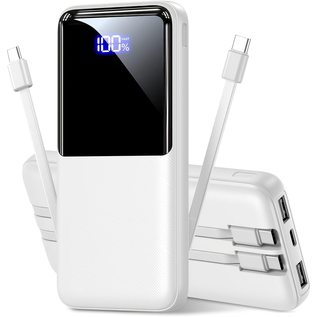 Portable Charger with Built-in Cables | Slim 10000mAh Travel Battery Pack, USB Type-C, 22.5W Fast Charging, Lithium Polymer Battery